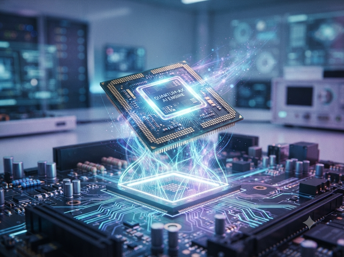 Illuminated AI chip rising from a circuit board